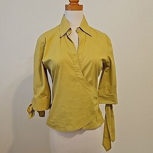 BCBG Max Azria mustard yellow, green cotton wrap  shirt size small